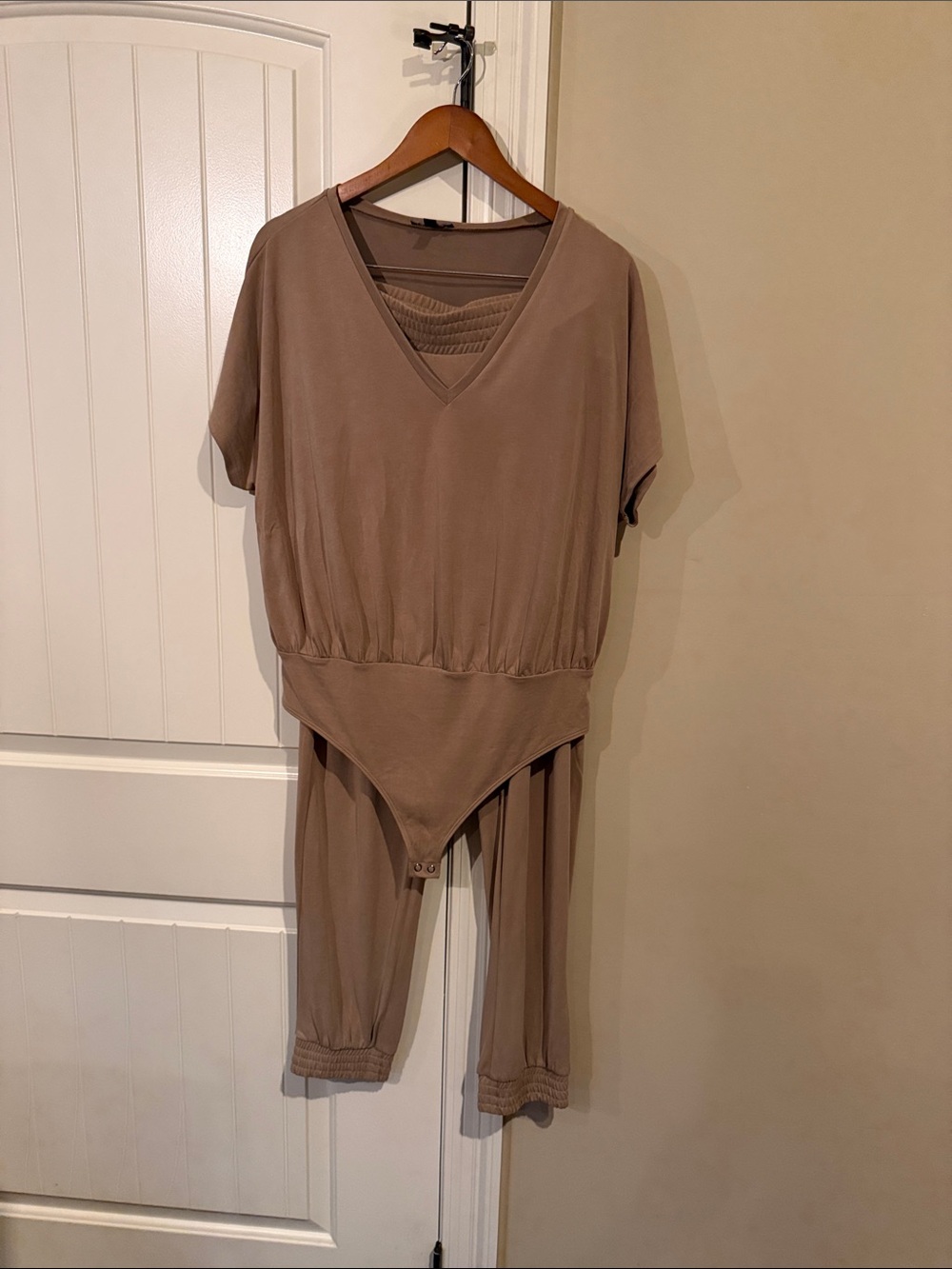 Taupe V-Neck   Pant Bodysuit Set